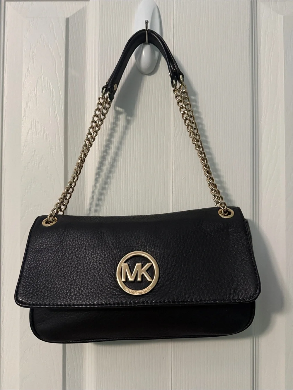 Michael Kors Black Leather Shoulder Bag with Gold MK Emblem